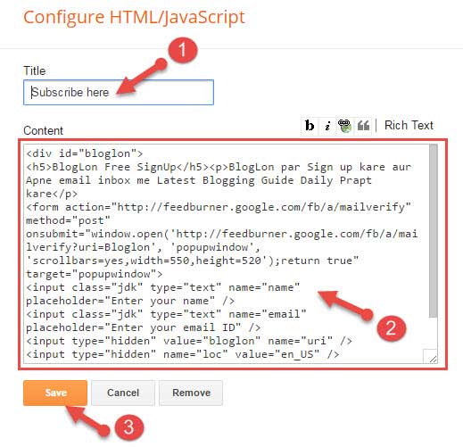 Add newsletter signup form html code in blogger widget