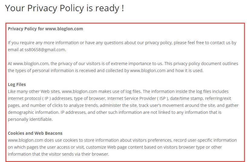 Copy privacy policy from generator tool