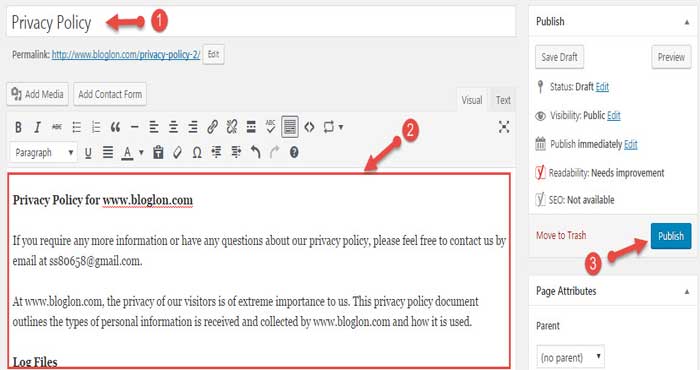 Publish WordPress privacy policy page