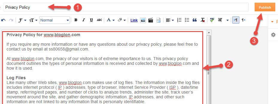 Publish privacy policy page in blogger