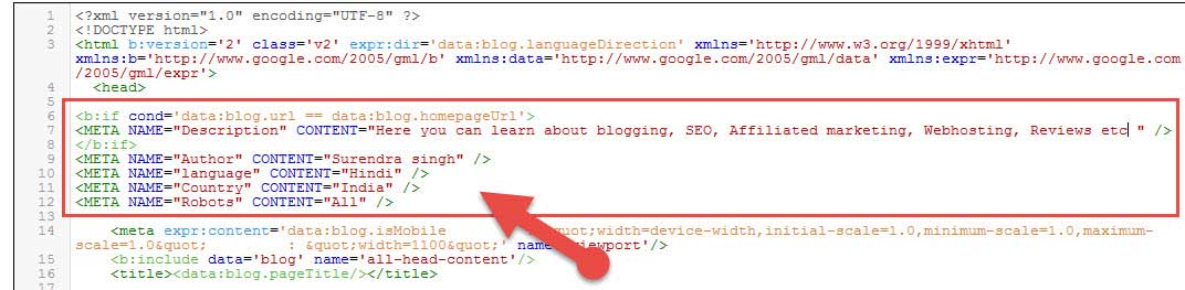 Add blogger meta tags code