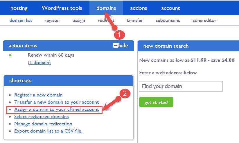 Assign a domain to bluehost cpanel